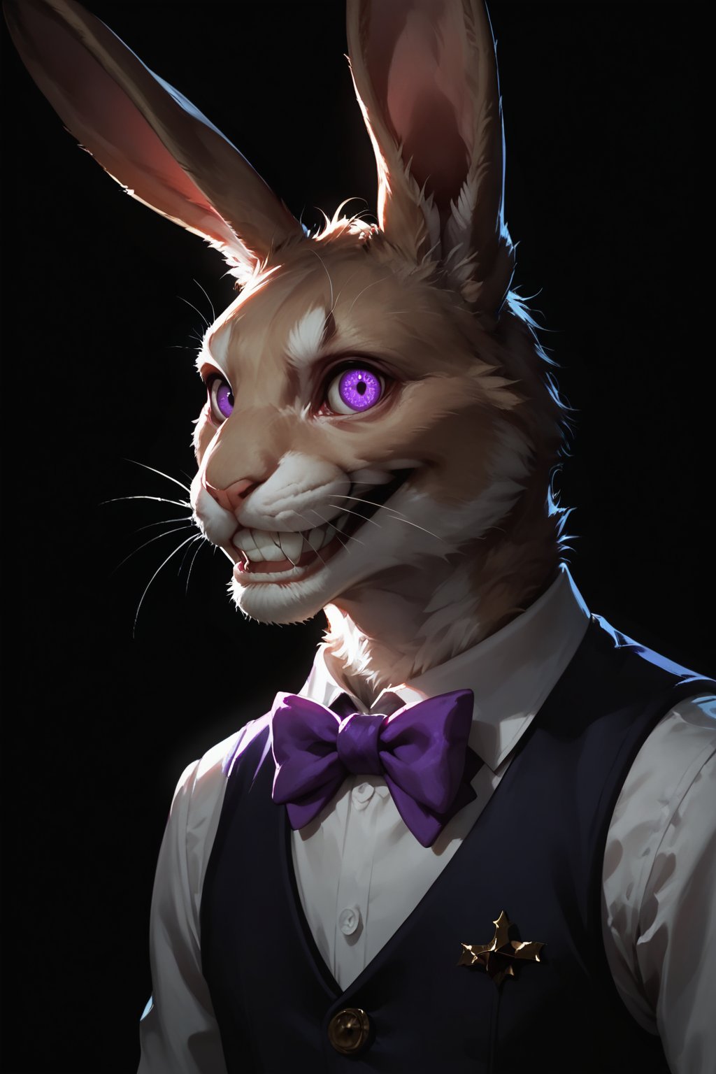 Score_9, score_8_up, score_7_up,Expressiveh,concept art,dark theme,Extremely Realistic, realistic, masterpiece, 16k, solo, looking at viewer, smile, simple background, bow, animal ears, purple eyes, upper body, male focus, teeth, bowtie, star \(symbol\), rabbit ears, grin, vest, no humans, black background, furry, purple bow, rabbit, purple bowtie, whiskers, horror \(theme\)