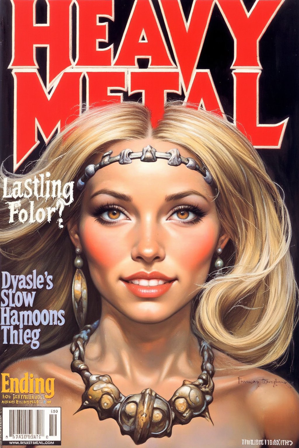 (Perfectly recreate the logo of Heavy Metal magazine and use the correct font and design for the text "Heavy Metal" as the world famous magazine:1.4), Generate a cover for the magazine "Heavy Metal featuring: Soft brilliance, gentle and graceful eyes, light and graceful movements, elegant and demure manners, gentle and kind smiles, flowing lines like water, show the delicate emotions and gentle temperament of women.