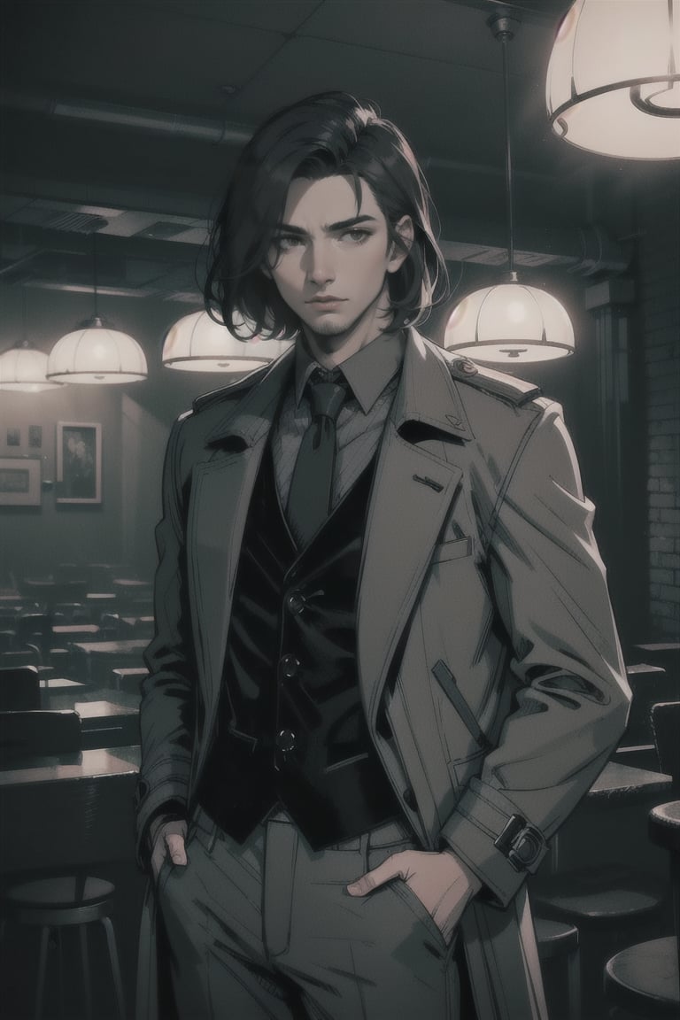 SFW, sole_male, mid 20's, 

(dark hair, classic side part with medium fade), average build, average height, (masculine, face, handsome face, slight stubble), detailed face, neutral expression, 

{(grey trenchcoat), (grey vest), (black tie), (dress pants)}, 

Standing, facing_viewer, (1940's asthetic, speakeasy, nightclub, dimly lit), 

1dk, portrait, score_9, score_8_up, score_7_up, 8k, (very detailed), high detailed texture, depth of field, sharp foucs, 

Neo Noir asthetic, Low-key lighting Style, soft lighting,