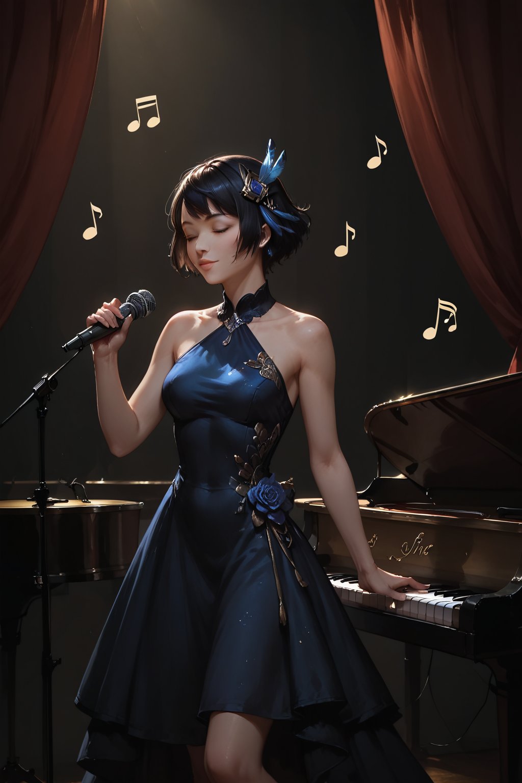 Score_9, score_8_up, score_7_up,Expressiveh,concept art,dark theme,Extremely Realistic, realistic, masterpiece, 1girl, solo, short hair, black hair, hair ornament, dress, bare shoulders, closed eyes, feathers, curtains, musical note, microphone, eighth note, music, singing, microphone stand,cl_dr3ss