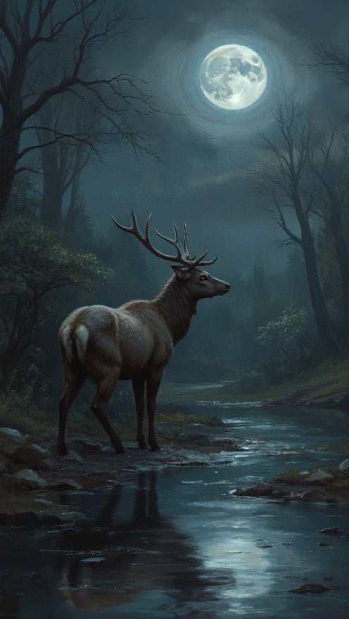 Detailed fine art print of a (Beautiful Deer, fluffy) standing in a moonlit beam, professional sinister concept art, by Art germ and Greg Rutkowski, water, reflection, an intricate, elegant and highly detailed digital painting, concept art , sharp soft focus, illustration, in the style of Simon Stalenhag, Wayne Barlowe and Igor Kierluk, an intricate, elegant and highly detailed digital painting, conceptual art award, colorful sharp soft focus, illustration, in the style of simon stalenhag, wayne barlowe and igor kieryluk.