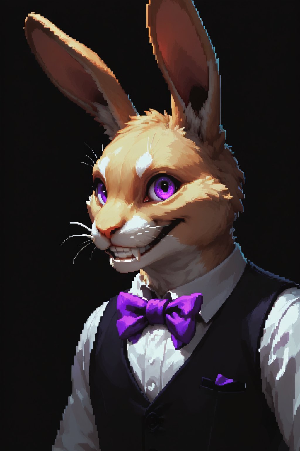 Score_9, score_8_up, score_7_up,Expressiveh,concept art,dark theme,Extremely Realistic, realistic, masterpiece, 16k, solo, looking at viewer, smile, simple background, tan fur, bow, animal ears, purple eyes, upper body, male focus, teeth, bowtie,, rabbit ears, grin, vest, no humans, black background, furry, purple bow, rabbit, purple bowtie, whiskers, horror \(theme\),(((Pixel_Art)))