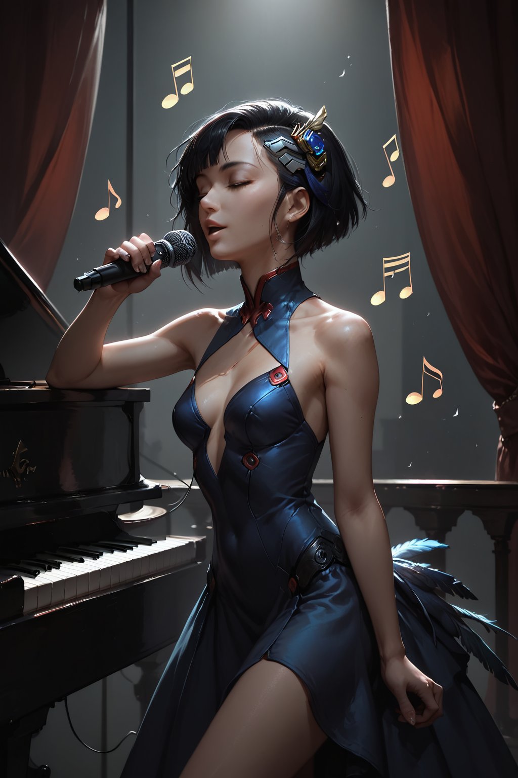 Score_9, score_8_up, score_7_up,Expressiveh,concept art,dark theme,Extremely Realistic, realistic, masterpiece, 1girl, solo, short hair, black hair, hair ornament, dress, bare shoulders, closed eyes, feathers, curtains, musical note, microphone, eighth note, music, singing, microphone stand,cyberpunk style