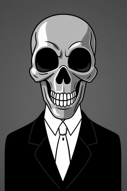 man in a ((black suit and white neck tie)) wearing a ((silver metallic skull mask)),rubberhose style illustration,rubberhose animation,cartoonish __ character,3d animation scene,golden age of animation