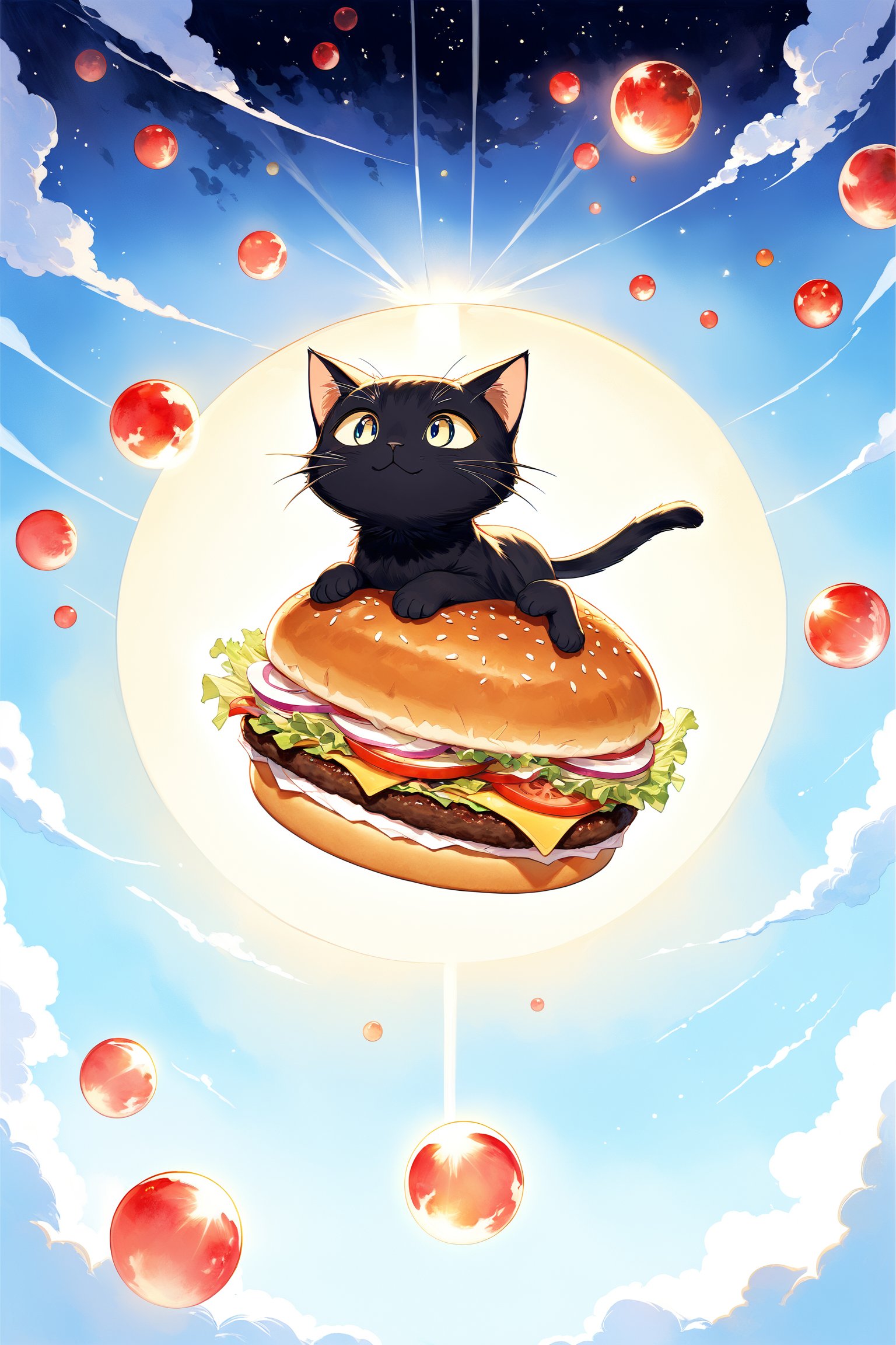 A serene black cat sprawls on a plush crimson cushion, its sleek fur glistening in the soft morning light. As it sleeps, a whimsical dream bubble floats above its head, depicting the feline's innermost desires. Within the transparent orb, the cat is shown in mid-pursuit of a tantalizing cheeseburger, its paws moving with reckless abandon as if defying gravity. The burger's legs seem to be running from the cat's eager grasp, adding to the comedic charm of this vivid and fantastical dream sequence.