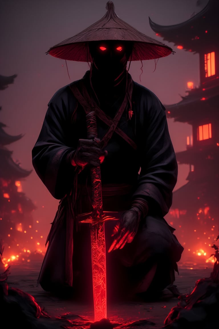 A captivating and enigmatic digital illustration features a shadowy figure, seemingly a warrior or samurai, kneeling amidst a dimly lit, foggy field. The character dons a wide-brimmed straw hat and a mysterious mask, concealing their identity. Their hand grips a magnificent sword with intricate engravings that emit a mesmerizing, fiery red aura. The background reveals a traditional, architectural structure—possibly a temple or shrine—bathed in the soft glow of floating embers or fireflies. The composition by Hans Darias exudes an eerie atmosphere, skillfully blending warm and cool tones to evoke a palpable sense of tension and expectation.