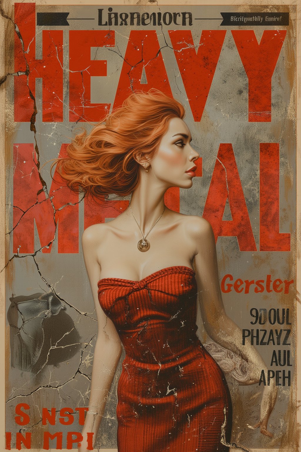 PT[WPM], (Perfectly recreate the logo of Heavy Metal magazine and use the correct font and design for the text "Heavy Metal" as the world famous magazine:1.4), Generate a cover for the magazine "Heavy Metal featuring: Photorealistic close-up of a realistic sensual stunning sensual female elegant 44 year old european in dark red pinstripe tailleur long dark red blonde hair, dark grey eyes - release: 39570750 - for fashion magazine. Double exposure, complex art by Alex Stoddar, complex art by Natalia Drepina, complex art by Brooke Shaden. Surreal on a cracked paper, extremely dynamic, unusual, vintage. 4K. vignette, highly detailed, high budget, bokeh, cinemascope, moody, epic, gorgeous, film grain, grainy, high quality photography, 3 point lighting, flash with softbox, 4k, Canon EOS R3, hdr, smooth, sharp focus, high resolution, award winning action photo, jumping photo, 50mm, wide angle shot, looking_away from the camera, full_length, f2.8, bokeh, side_view.