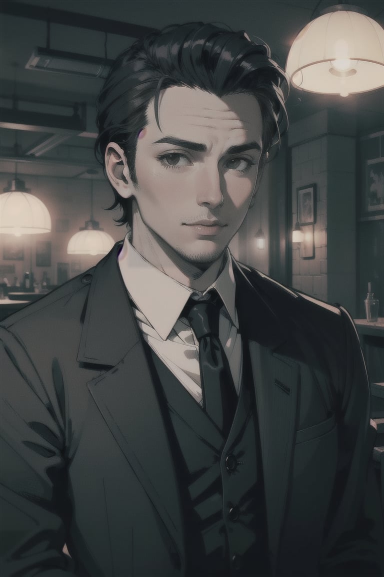 SFW, sole_male, mid 20's, short hair, dark hair, slicked back), average build, average height, (masculine, face, handsome face, slight stubble, five o’ clock shadow), detailed face, neutral expression, 

{(grey trenchcoat), (white dress shirt), (black vest), (black tie), (black dress pants)}, 

Standing, facing_viewer, (1940's asthetic, speakeasy, nightclub, dimly lit), 

1dk, portrait, score_9, score_8_up, score_7_up, 8k, (very detailed), high detailed texture, depth of field, sharp foucs, 

Neo Noir asthetic, Low-key lighting Style, soft lighting,