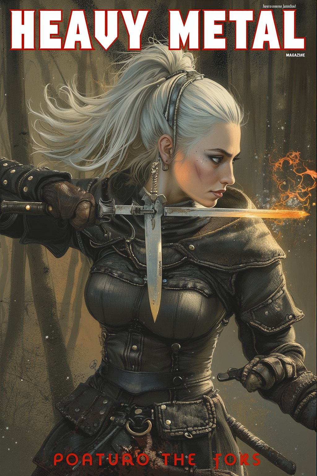 PT[WPM], (Perfectly recreate the logo of Heavy Metal magazine and use the correct font and design for the text "Heavy Metal" as the world famous magazine:1.4), Generate a cover for the magazine "Heavy Metal featuring: Photo real of Ciri in mid-combat, gracefully dodging an attack and countering with her sword. She is in her Witcher training outfit, with her ashen hair and scar on her cheek, in a forest setting. Bloodborne, dark magic splash, gothic, burnt sephia gradient, magic splash, fantasy art, watercolor effect, bokeh, digital painting, soft lighting, retro aesthetic, natural lighting, cinematic, masterpiece, highly detailed, intricate, extreme texture