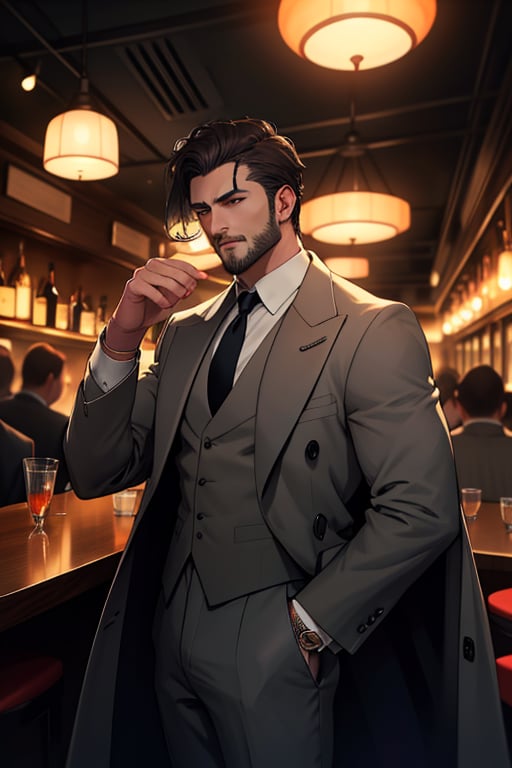 SFW, sole_male, mid 20's, 

(dark hair, classic side part with medium fade), average build, average height, (masculine, face, handsome face, slight stubble), detailed face, neutral expression, 

{(grey trenchcoat), (grey vest), (black tie), (white dress shirt), (dress pants)}, 

Standing, facing_viewer, (1940's asthetic, speakeasy, nightclub, dimly lit), in one hand her weilds a colt 1911 pistol, I. the other hand he summons a purple liquid like energy that remains concentrated by his hand, Smokey tendrils of the energy reach outward away from his hand as if trying to escape, 

1dk, portrait, score_9, score_8_up, score_7_up, 8k, (very detailed), high detailed texture, depth of field, sharp foucs, 

Neo Noir asthetic, Low-key lighting Style, soft lighting,

