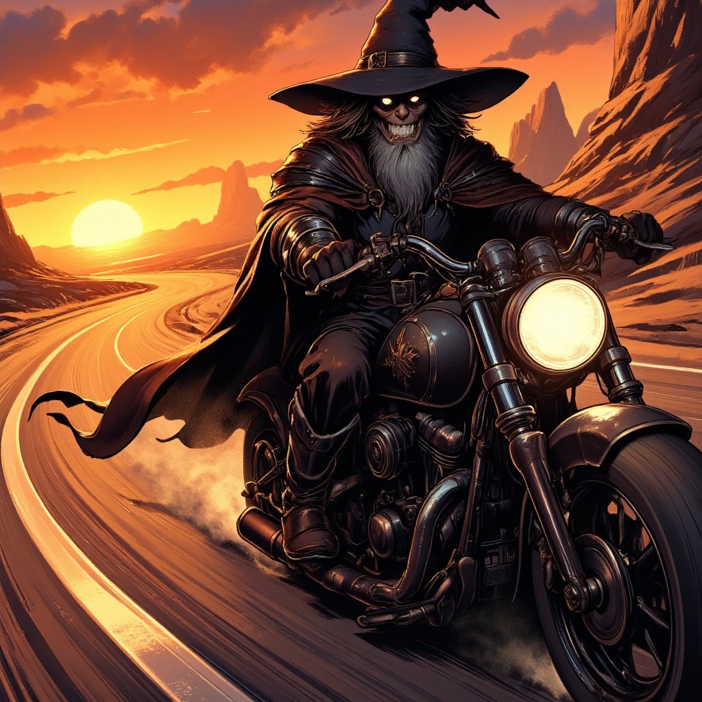 A close-up shot of a wizard's face, eyes gleaming with magical intensity as he rides a sleek black motorcycle down a winding desert highway at sunset. The warm orange glow of the setting sun casts long shadows across the sandy terrain. The wizard's robes flow behind him like a cape, his pointed hat held firmly in place by a leather strap. He's focused on the road ahead, wisps of smoke curling from the exhaust pipes as he navigates the twists and turns. DonM7w1573dW0nd3rl4ndFX,lyh