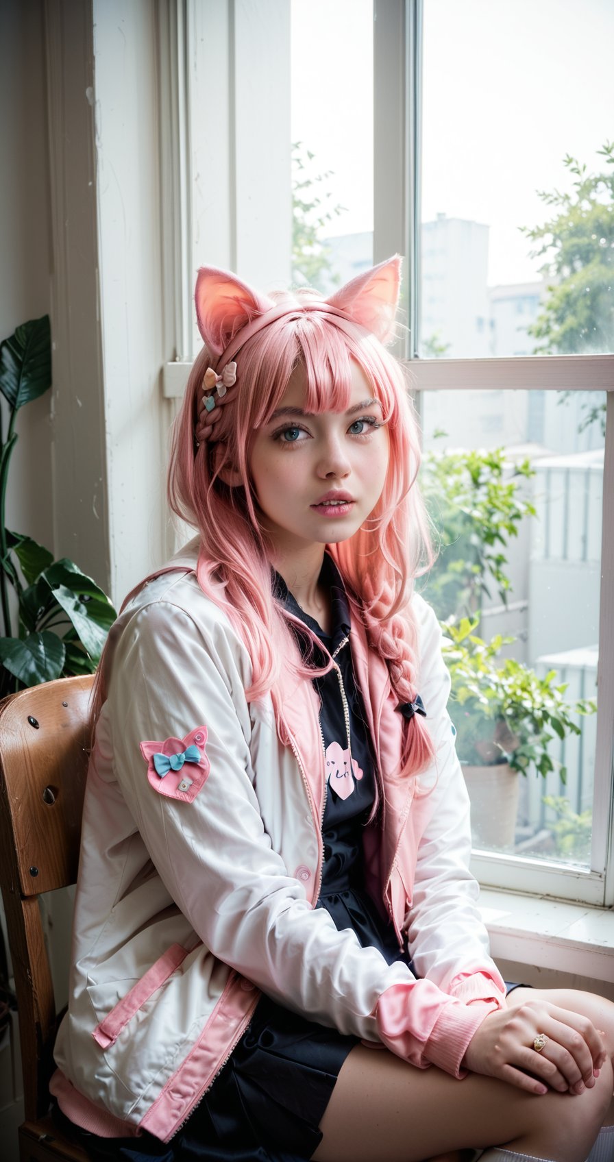 Score_9, score_8_up, score_7_up, 1girl, solo, long hair, looking at viewer, animal ears, sitting, jacket, pink hair, braid, parted lips, socks, indoors, cat ears, cosplay, window, chair, realistic, photo inset