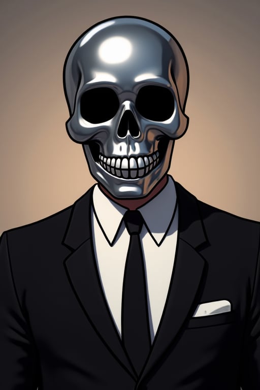 man in a ((black suit and white neck tie)) wearing a ((silver metallic skull mask)),rubberhose style illustration,rubberhose animation,cartoonish __ character,3d animation scene,golden age of animation