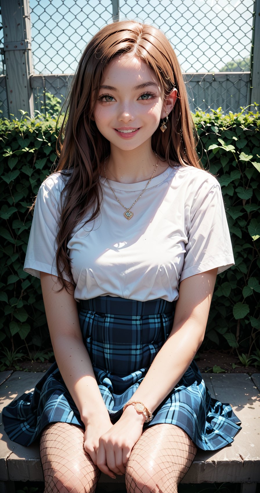 Score_9, score_8_up, score_7_up, 1girl, solo, long hair, looking at viewer, smile, brown hair, shirt, dress, jewelry, sitting, white shirt, short sleeves, pantyhose, outdoors, parted lips, day, necklace, plaid, fishnets, fence, fishnet pantyhose, plaid dress