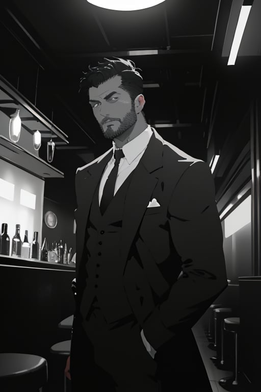 SFW, sole_male, mid 20's, ((line art)), monochrome,, black and white, 

(dark hair, classic side part with medium fade), average build, average height, (masculine, face, handsome face, slight stubble), detailed face, neutral expression, 

{(grey trenchcoat), (black vest), (white dress shirt), (black tie), (dress pants)}, 

Standing, facing_viewer, (1940's asthetic, speakeasy, nightclub, dimly lit), 

1dk, portrait, score_9, score_8_up, score_7_up, 8k, (very detailed), high detailed texture, depth of field, sharp foucs, 

Neo Noir asthetic, Low-key lighting Style, soft lighting,

