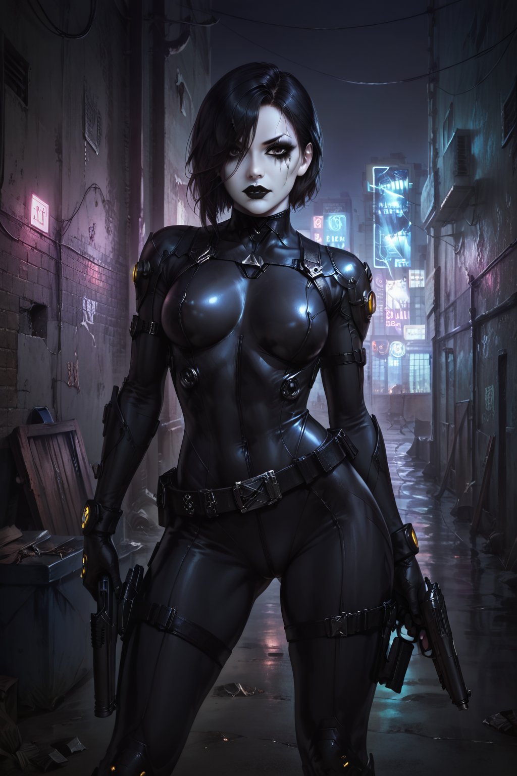 Score_9, score_8_up, score_7_up,Expressiveh,concept art,dark theme,Extremely Realistic, realistic, masterpiece, 1girl, solo, black hair, gloves, weapon, belt, gun, bodysuit, black circle painted over one eye, pale white skin, handgun, black lipstick, (,ruanyi0724,neon lights,power lines,alley), (((heavy black eye makeup, black makeup on cheek))),  