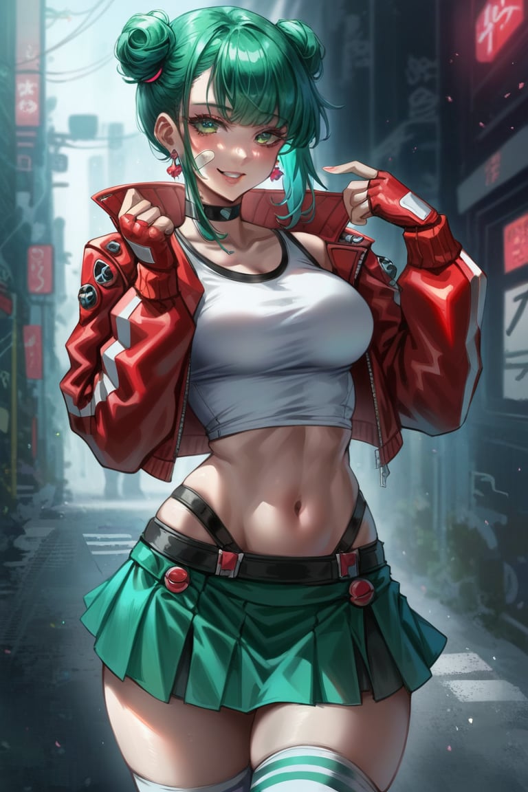 score_9, score_8_up, score_7_up, high resolution,
BREAK,
​nsfw, 1girl, standing in a cyberpunk city, bishoujo, cute, beautiful, sexy, sexy smile, sexy pose, highly detailed face, 18 years old, petite, fit, curvy, green hair, shoulder length hair, bangs, twin bun hairstyle, sexy red leather jacket, punk style leather jacket, sexy white t-shirt, band-aid on cheek, (sexy green skirt, short skirt), sexy white knee highs, red leather ankle boots, yellow fingerless gloves, earrings, BREAK