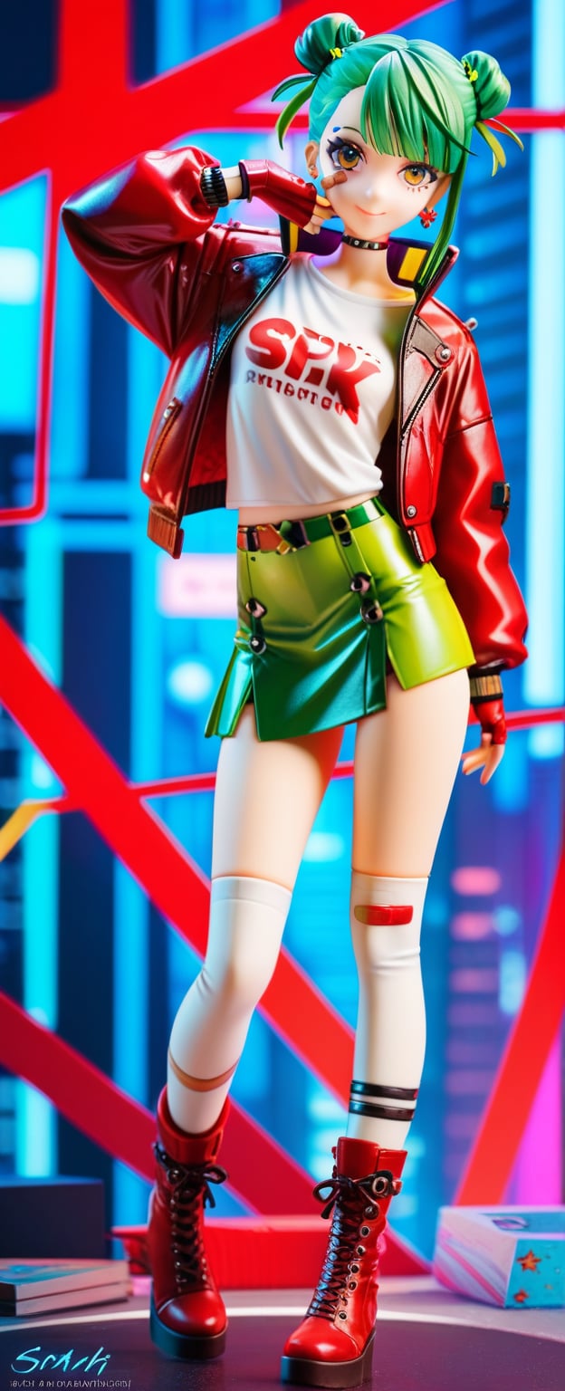 score_9, score_8_up, score_8, 16k, 1girl, standing in a cyberpunk city, bishoujo, cute, beautiful, sexy, sexy smile, sexy pose, highly detailed face, 18 years old, petite, fit, curvy, green hair, shoulder length hair, bangs, twin bun hairstyle, sexy red leather jacket, punk style leather jacket, sexy white t-shirt, band-aid on cheek, (sexy green skirt, short skirt), sexy white knee highs, red leather ankle boots, yellow fingerless gloves, earrings, BREAK