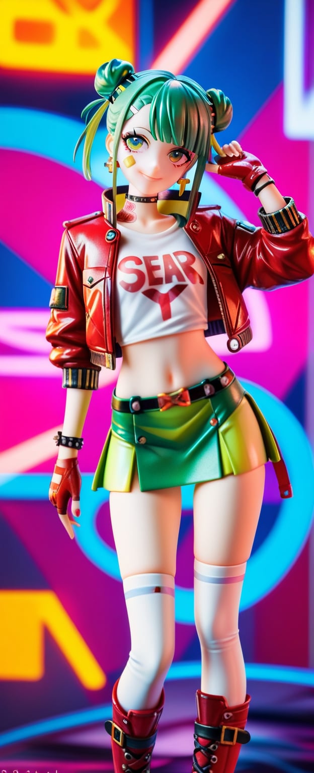 score_9, score_8_up, score_8, 16k, 1girl, standing in a cyberpunk city, bishoujo, cute, beautiful, sexy, sexy smile, sexy pose, highly detailed face, 18 years old, petite, fit, curvy, green hair, shoulder length hair, bangs, twin bun hairstyle, sexy red leather jacket, punk style leather jacket, sexy white t-shirt, band-aid on cheek, (sexy green skirt, short skirt), sexy white knee highs, red leather ankle boots, yellow fingerless gloves, earrings, BREAK