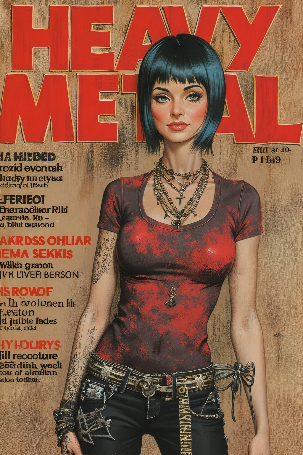 PT[WPM], (Perfectly recreate the logo of Heavy Metal magazine and use the correct font and design for the text "Heavy Metal" as the world famous magazine:1.4), Generate a cover for the magazine "Heavy Metal featuring: one Female Punk Rocker named Jill, pale skin color, Bold haircut, Black hair, piercing blue eyes, with Black faded Faded Red T-shirt, wearing Ripped Black Jeans