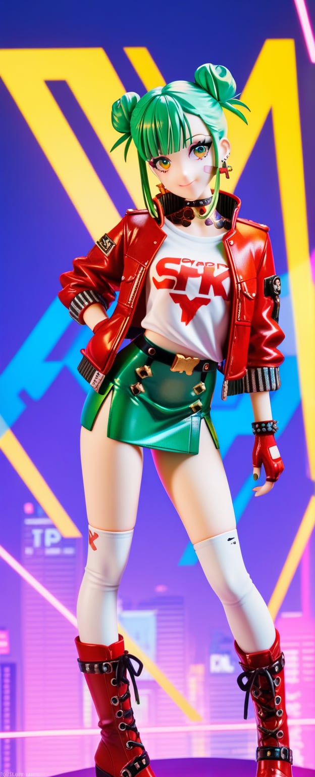 score_9, score_8_up, score_8, 16k, 1girl, standing in a cyberpunk city, bishoujo, cute, beautiful, sexy, sexy smile, sexy pose, highly detailed face, 18 years old, petite, fit, curvy, green hair, shoulder length hair, bangs, twin bun hairstyle, sexy red leather jacket, punk style leather jacket, sexy white t-shirt, band-aid on cheek, (sexy green skirt, short skirt), sexy white knee highs, red leather ankle boots, yellow fingerless gloves, earrings, BREAK