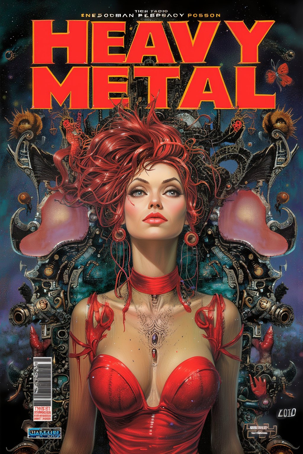 PT[WPM], (Perfectly recreate the logo of Heavy Metal magazine and use the correct font and design for the text "Heavy Metal" as the world famous magazine:1.4), Generate a cover for the magazine "Heavy Metal featuring: (masterpiece, high quality, 8K, high_res), 
sticker art style, surreal picture, comic style, scifi,
the Poison Ivy in the cosmo opera setting, vibrant flat coloring, intricate details, inspired by Mass Effect by Bioware studio and DC comics, 
graphic illustration, 