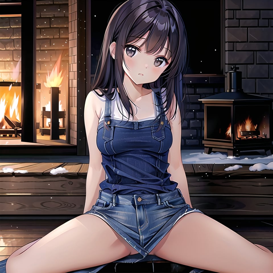 ((1 girl, masterpiece, highly detailed, HD, high quality)),
(Relaxed-breasts),
Wearing (Sherpa-lined denim dress),
Eyes: Slanted, almond-shaped, dark brown,
Nose: Small and straight,
Lips: Medium, natural pink,
Hair: Long, straight, black,
Skin Tone: Fair with a neutral undertone,
Eyebrows: Thick and straight,
Cheekbones: High and defined,
Chin: Rounded,
Ears: Small and close to the head,
Expression: Confident and poised,

Background: winter,
Inside house daytime, (sitting on the floor in a modern room near fire place, Sitting with legs extended straight), looking at viewer.