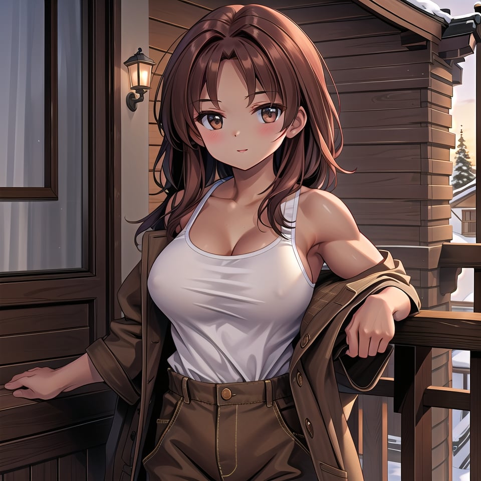 ((1 girl, masterpiece, highly detailed, HD, high quality)),
(Athletic-breasts, Breasts type Athletic, More muscular and less fatty tissue, often wider and firmer),
Wearing (Corduroy overall dress),
Eyes: Oval-shaped, dark brown,
Nose: Small and flat
Lips: Medium, natural pink,
Hair: Long, straight, dark brown,
Skin Tone: Light tan with a warm undertone,
Eyebrows: Thin and gently arched,
Cheekbones: Subtle and rounded,
Chin: Rounded,
Ears: Small and close to the head,
Expression: Kind and gentle,

Background: winter,
Inside house, standing in balcony One Leg Crossed, Arms Folded, looking at viewer.