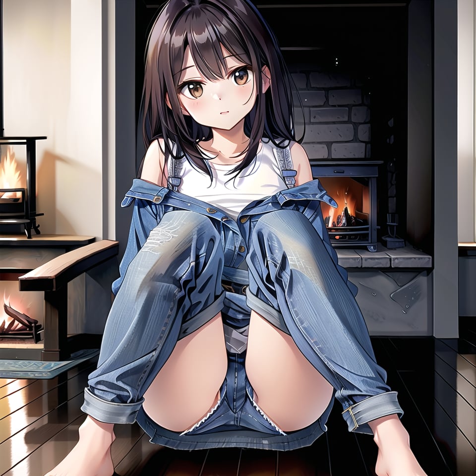 ((1 girl, masterpiece, highly detailed, HD, high quality)),
(Relaxed-breasts, saggingbreasts),
Wearing (Sherpa-lined denim dress),
Eyes: Slanted, almond-shaped, dark brown,
Nose: Small and straight,
Lips: Medium, natural pink,
Hair: Long, straight, black,
Skin Tone: Fair with a neutral undertone,
Eyebrows: Thick and straight,
Cheekbones: High and defined,
Chin: Rounded,
Ears: Small and close to the head,
Expression: Confident and poised,

Background: winter,
Inside house daytime, (sitting on the floor in a modern room near fire place, Sitting with legs extended straight), looking at viewer.