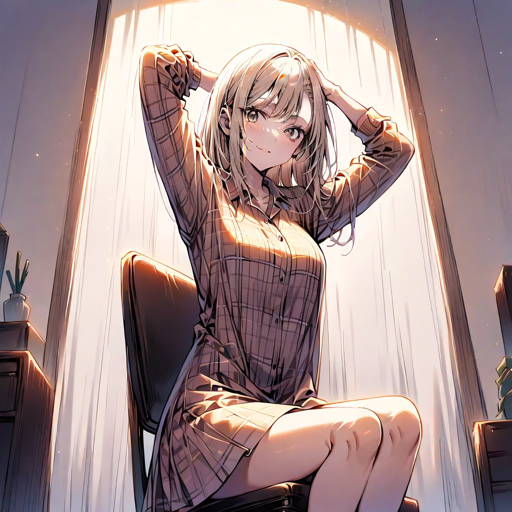 1 girl, 18-year-old, asymmetry-breasts, background:decorated-room, full view of room, sitting on a chair leaning back, Ballet Pose, Arms Raised, wearing a (Plaid flannel shirt dress), smilling, looking at the viewer.
- **Eyes**: Almond-shaped, light brown with a hint of amber,
  - **Nose**: Small, straight with a slight upturn,
  - **Lips**: Medium, peach with a natural gloss,
  - **Hair**: Shoulder-length, straight, dark blonde,
  - **Skin Tone**: Olive with a warm undertone,
  - **Eyebrows**: Thin, arched,
  - **Cheekbones**: Soft and rounded,
  - **Chin**: Small and pointed,
  - **Ears**: Medium-sized and close to the head,
  - **Expression**: Confident and charismatic.