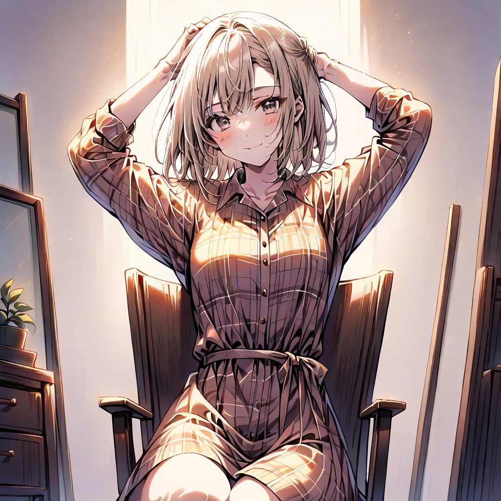 1 girl, 18-year-old, asymmetry-breasts, background:decorated-room, full view of room, sitting on a chair leaning back, Ballet Pose, Arms Raised, wearing a (Plaid flannel shirt dress), smilling, looking at the viewer.
- **Eyes**: Almond-shaped, light brown with a hint of amber,
  - **Nose**: Small, straight with a slight upturn,
  - **Lips**: Medium, peach with a natural gloss,
  - **Hair**: Shoulder-length, straight, dark blonde,
  - **Skin Tone**: Olive with a warm undertone,
  - **Eyebrows**: Thin, arched,
  - **Cheekbones**: Soft and rounded,
  - **Chin**: Small and pointed,
  - **Ears**: Medium-sized and close to the head,
  - **Expression**: Confident and charismatic.