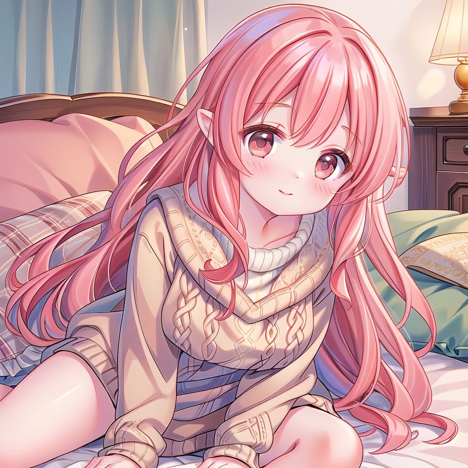 ((1 girl, masterpiece, highly detailed, HD, high quality)), (Augmented-breasts), 
Wearing (Fair Isle knit dress), 
Eyes are round and light brown, nose is small and straight, lips are medium and coral pink, hair is long, wavy, and blonde, skin tone is fair with a cool undertone, eyebrows are medium thickness and gently arched, cheekbones are soft and rounded, chin is rounded, ears are medium-sized and slightly visible, The expression is cheerful and vibrant
, 
Background: winter, Inside house, daytime, on bed, (Lying on one side with knees slightly bent and arms in front), looking at viewer.