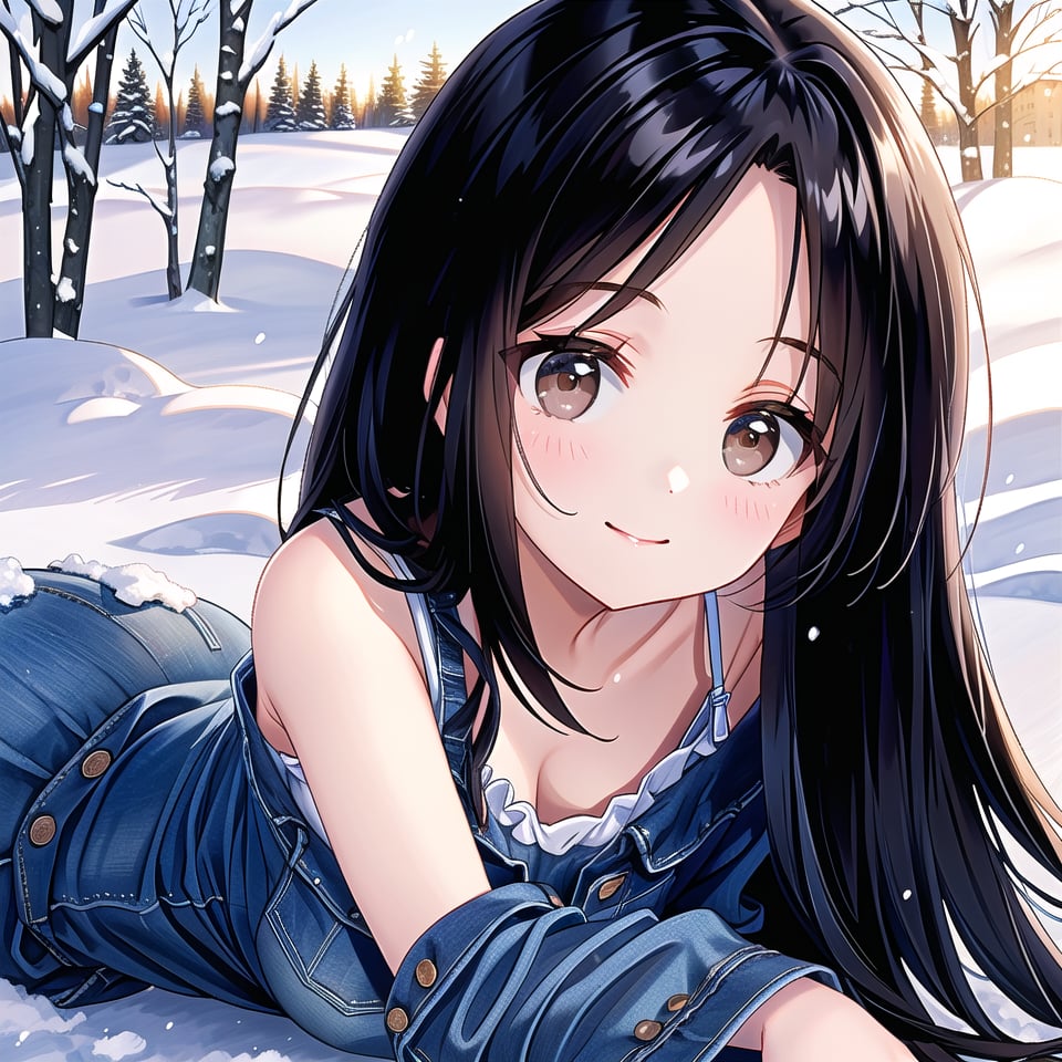 ((1 girl, masterpiece, highly detailed, HD, high quality)),
(Relaxed-breasts, SAGGY BREASTS),
Wearing (Sherpa-lined denim dress),
Eyes: Slanted, almond-shaped, dark brown,
Nose: Small and straight,
Lips: Medium, natural pink,
Hair: Long, straight, black,
Skin Tone: Fair with a neutral undertone,
Eyebrows: Thick and straight,
Cheekbones: High and defined,
Chin: Rounded,
Ears: Small and close to the head,
Expression: Confident and smile,

Background: winter,
Outside daytime snow, (lying flat on the back with arms and legs extended), looking at viewer.