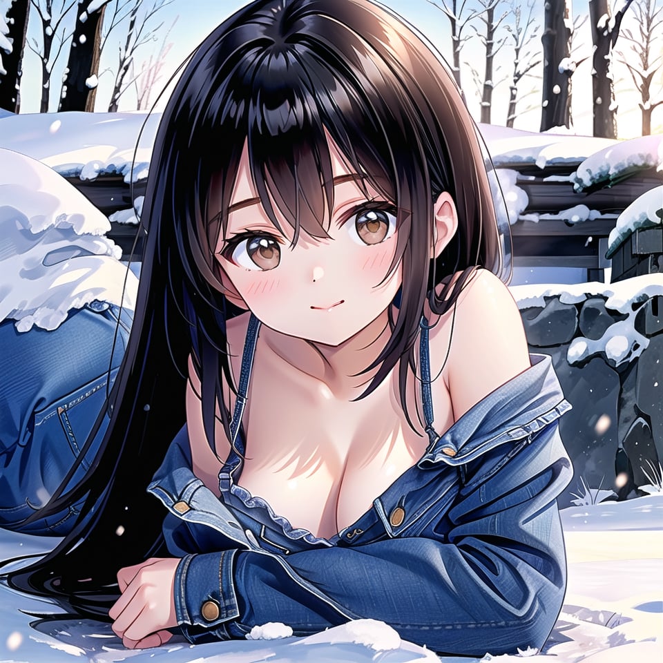 ((1 girl, masterpiece, highly detailed, HD, high quality)),
(Relaxed-breasts, SAGGY BREASTS),
Wearing (Sherpa-lined denim dress),
Eyes: Slanted, almond-shaped, dark brown,
Nose: Small and straight,
Lips: Medium, natural pink,
Hair: Long, straight, black,
Skin Tone: Fair with a neutral undertone,
Eyebrows: Thick and straight,
Cheekbones: High and defined,
Chin: Rounded,
Ears: Small and close to the head,
Expression: Confident and smile,

Background: winter,
Outside daytime snow, top angle view, (lying flat on the back with arms and legs extended), looking at viewer.