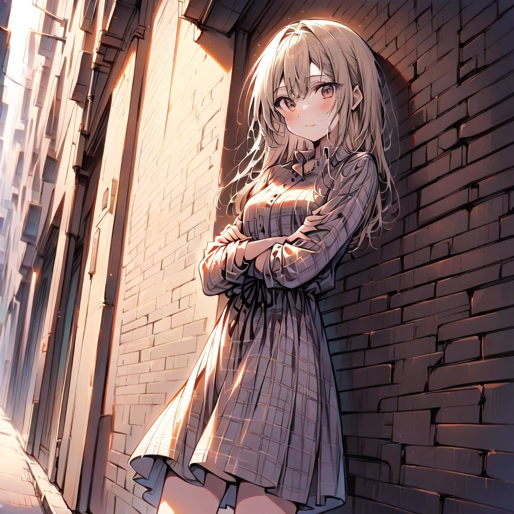 1 girl, 18-year-old, asymmetry-breasts, background:street, standing Leaning Against a park Wall, Arms Crossed, wearing a (Plaid flannel shirt dress), smilling, looking at the viewer.
- **Eyes**: Almond-shaped, light brown with a hint of amber,
  - **Nose**: Small, straight with a slight upturn,
  - **Lips**: Medium, peach with a natural gloss,
  - **Hair**: Shoulder-length, straight, dark blonde,
  - **Skin Tone**: Olive with a warm undertone,
  - **Eyebrows**: Thin, arched,
  - **Cheekbones**: Soft and rounded,
  - **Chin**: Small and pointed,
  - **Ears**: Medium-sized and close to the head,
  - **Expression**: Confident and charismatic.