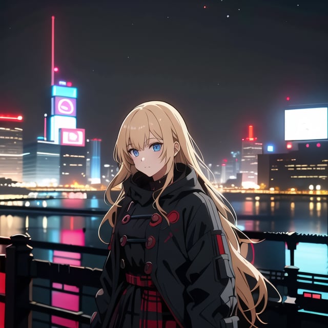 1girl, solo, long hair, bangs, blue eyes, blonde hair, Fleece-Lined Plaid Dress, black hair, closed mouth, upper body, multicolored hair,outdoors, two-tone hair, doomerboy, night, city,suzumura yu,cyberpunk, 