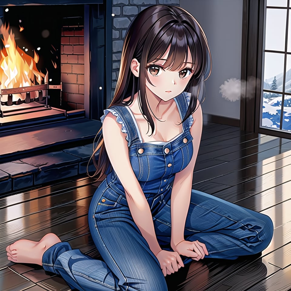 ((1 girl, masterpiece, highly detailed, HD, high quality)), (Relaxed-breasts, saggingbreasts, SAGGY BREASTS), Wearing (Sherpa-lined denim dress), Eyes: Slanted, almond-shaped, dark brown, Nose: Small and straight, Lips: Medium, natural pink, Hair: Long, straight, black, Skin Tone: Fair with a neutral undertone, Eyebrows: Thick and straight, Cheekbones: High and defined, Chin: Rounded, Ears: Small and close to the head, Expression: Confident and poised, Background: winter, Inside house daytime, (sitting on the floor in a modern room near fire place, Sitting with legs straight), looking at viewer.