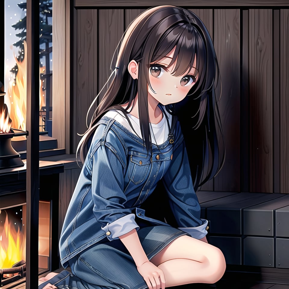 ((1 girl, masterpiece, highly detailed, HD, high quality)),
(Relaxed-breasts),
Wearing (Sherpa-lined denim dress),
Eyes: Slanted, almond-shaped, dark brown,
Nose: Small and straight,
Lips: Medium, natural pink,
Hair: Long, straight, black,
Skin Tone: Fair with a neutral undertone,
Eyebrows: Thick and straight,
Cheekbones: High and defined,
Chin: Rounded,
Ears: Small and close to the head,
Expression: Confident and poised,

Background: winter,
Inside house daytime, (sitting on the floor in a modern room near fire place, Sitting with legs extended straight), looking at viewer.