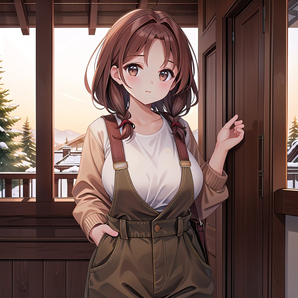 ((1 girl, masterpiece, highly detailed, HD, high quality)),
(Athletic-breasts, Breasts type Athletic, breasts are often wider and firmer),
Wearing (Corduroy overall dress),
Eyes: Oval-shaped, dark brown,
Nose: Small and flat
Lips: Medium, natural pink,
Hair: Long, straight, dark brown,
Skin Tone: Light tan with a warm undertone,
Eyebrows: Thin and gently arched,
Cheekbones: Subtle and rounded,
Chin: Rounded,
Ears: Small and close to the head,
Expression: Kind and gentle,

Background: winter,
Inside house, (standing in balcony ((One Leg Crossed, Arms crossed))), looking at viewer.