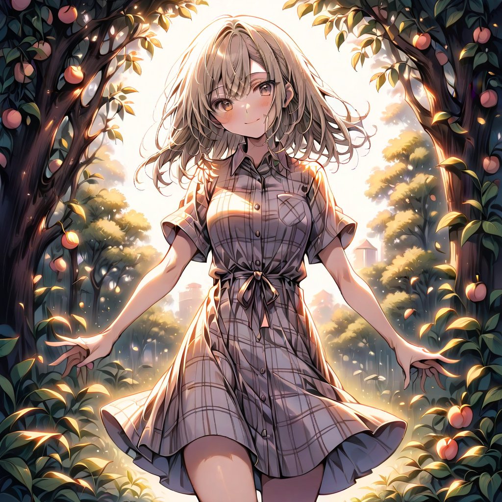 1 girl, 18-year-old, asymmetry-breasts, background:garden, Arms Outstretched, Standing Tall on a garden foottral, wearing a (Plaid flannel shirt dress), smilling, looking at the viewer.
- **Eyes**: Almond-shaped, light brown with a hint of amber,
  - **Nose**: Small, straight with a slight upturn,
  - **Lips**: Medium, peach with a natural gloss,
  - **Hair**: Shoulder-length, straight, dark blonde,
  - **Skin Tone**: Olive with a warm undertone,
  - **Eyebrows**: Thin, arched,
  - **Cheekbones**: Soft and rounded,
  - **Chin**: Small and pointed,
  - **Ears**: Medium-sized and close to the head,
  - **Expression**: Confident and charismatic.