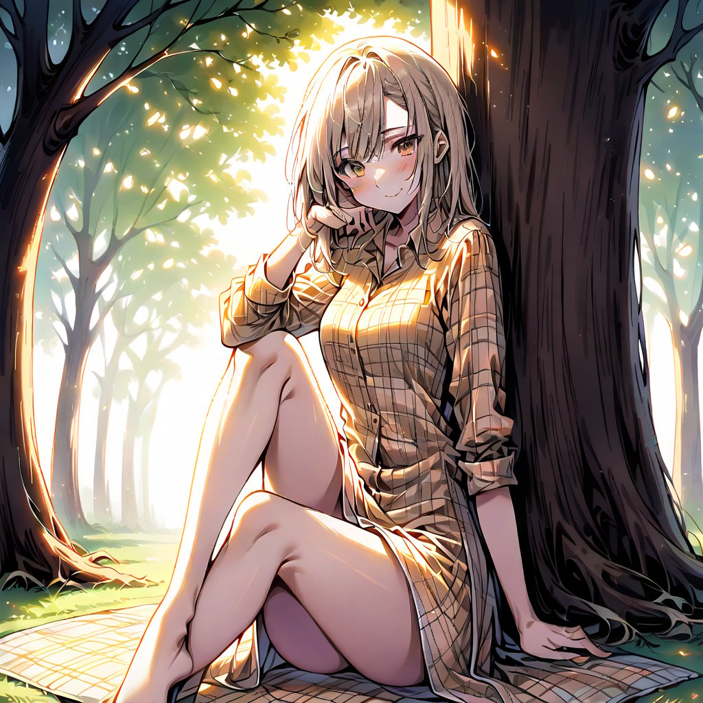 1 girl, 18-year-old, asymmetry-breasts, background:picknick-spot under the shadow of a tree, side-bottom-view, view from ground, (leaning againsed a tree), sitting on a yellow check pattran mat, One Leg Extended, One Bent, one hand on knee, one hand relaxed, wearing a (Plaid flannel shirt dress), smilling, looking at the viewer.
- **Eyes**: Almond-shaped, light brown with a hint of amber,
  - **Nose**: Small, straight with a slight upturn,
  - **Lips**: Medium, peach with a natural gloss,
  - **Hair**: Shoulder-length, straight, dark blonde,
  - **Skin Tone**: Olive with a warm undertone,
  - **Eyebrows**: Thin, arched,
  - **Cheekbones**: Soft and rounded,
  - **Chin**: Small and pointed,
  - **Ears**: Medium-sized and close to the head,
  - **Expression**: Confident and charismatic.