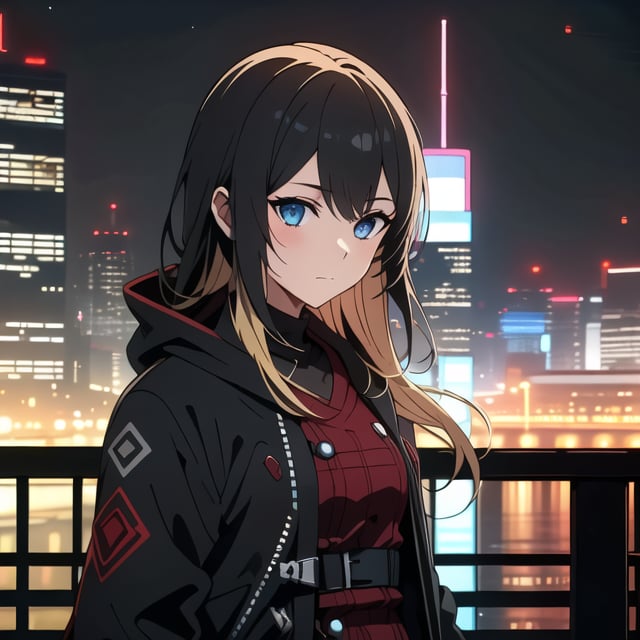 1girl, solo, long hair, bangs, blue eyes, blonde hair, Fleece-Lined Plaid Dress, black hair, closed mouth, upper body, multicolored hair,outdoors, two-tone hair, doomerboy, night, city,suzumura yu,cyberpunk, 