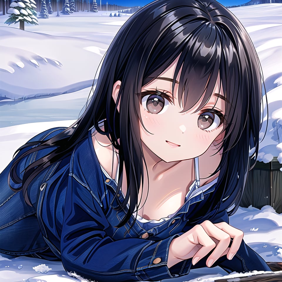 ((1 girl, masterpiece, highly detailed, HD, high quality)),
(Relaxed-breasts, SAGGY BREASTS),
Wearing (Sherpa-lined denim dress),
Eyes: Slanted, almond-shaped, dark brown,
Nose: Small and straight,
Lips: Medium, natural pink,
Hair: Long, straight, black,
Skin Tone: Fair with a neutral undertone,
Eyebrows: Thick and straight,
Cheekbones: High and defined,
Chin: Rounded,
Ears: Small and close to the head,
Expression: Confident and smile,

Background: winter,
Outside daytime snow, top-view, (lying flat on snow with arms and legs extended), looking at viewer.