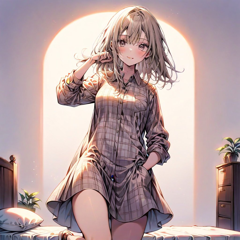 1 girl, 18-year-old, asymmetry-breasts, background:bedroom, One Hand in Pocket, Weight on One Leg, wearing a (Plaid flannel shirt dress), smilling, looking at the viewer.
- **Eyes**: Almond-shaped, light brown with a hint of amber,
  - **Nose**: Small, straight with a slight upturn,
  - **Lips**: Medium, peach with a natural gloss,
  - **Hair**: Shoulder-length, straight, dark blonde,
  - **Skin Tone**: Olive with a warm undertone,
  - **Eyebrows**: Thin, arched,
  - **Cheekbones**: Soft and rounded,
  - **Chin**: Small and pointed,
  - **Ears**: Medium-sized and close to the head,
  - **Expression**: Confident and charismatic.