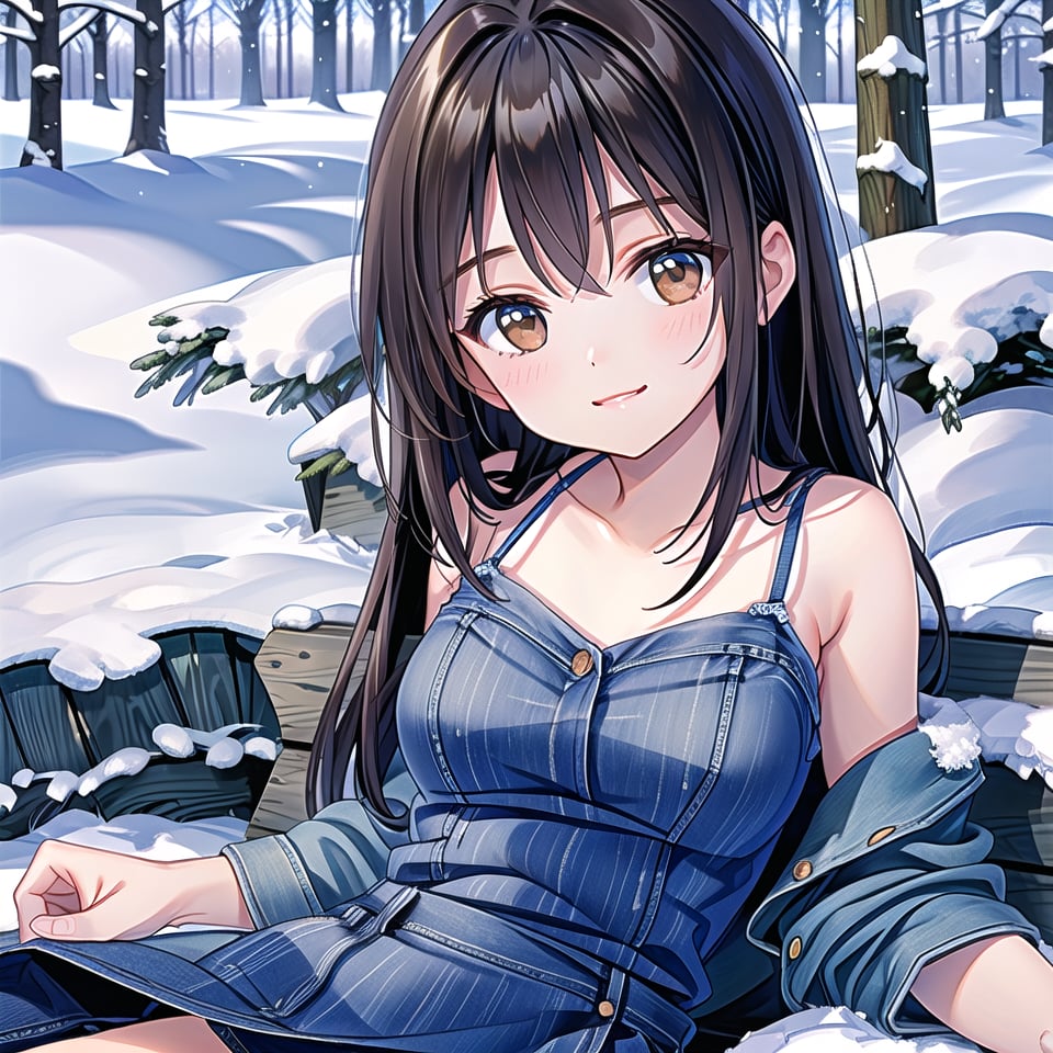 ((1 girl, masterpiece, highly detailed, HD, high quality)),
(Relaxed-breasts, SAGGY BREASTS),
Wearing (Sherpa-lined denim dress),
Eyes: Slanted, almond-shaped, dark brown,
Nose: Small and straight,
Lips: Medium, natural pink,
Hair: Long, straight, black,
Skin Tone: Fair with a neutral undertone,
Eyebrows: Thick and straight,
Cheekbones: High and defined,
Chin: Rounded,
Ears: Small and close to the head,
Expression: Confident and smile,

Background: winter,
Outside daytime snow, top-view, (lying flat on the back with arms and legs extended), looking at viewer.