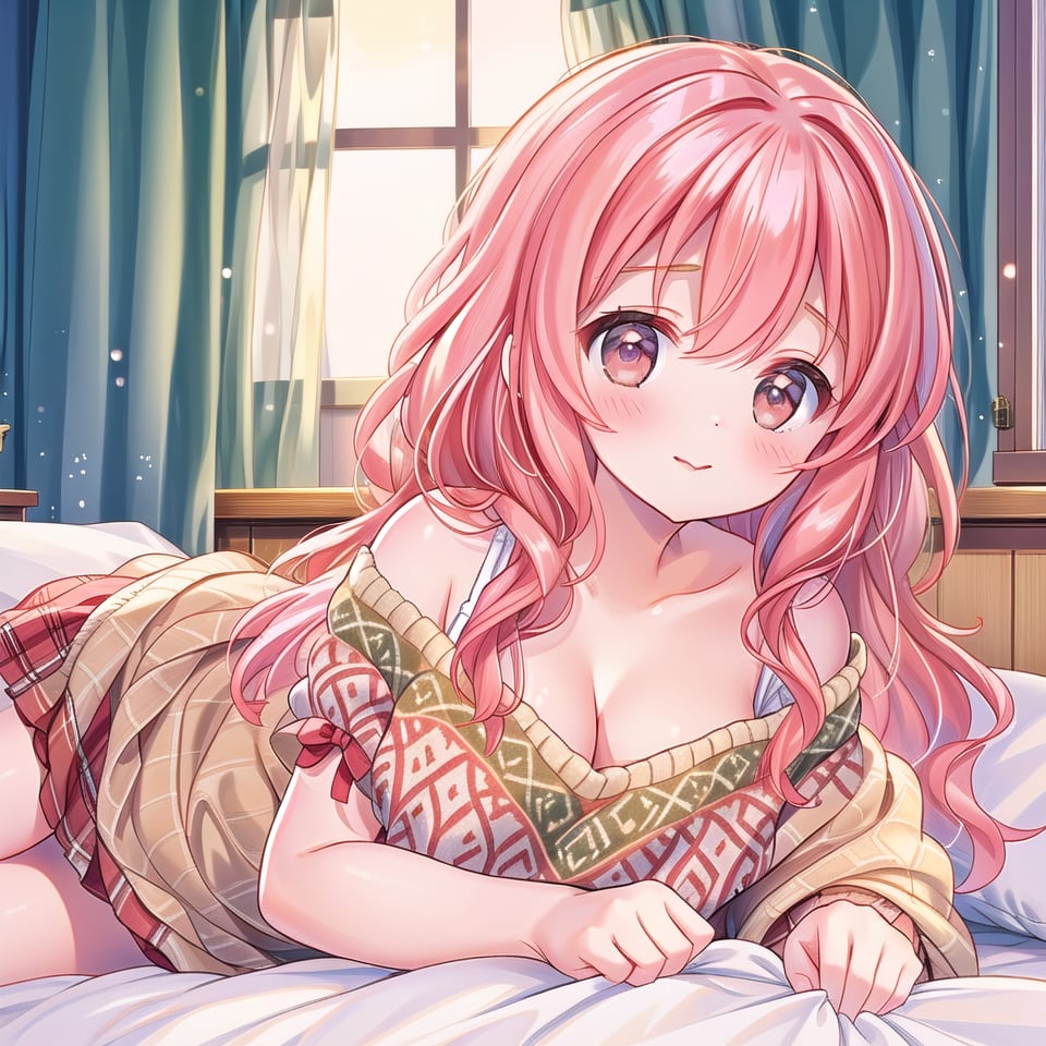 ((1 girl, masterpiece, highly detailed, HD, high quality)), (Augmented-breasts), 
Wearing (Fair Isle knit dress), 
Eyes are round and light brown, nose is small and straight, lips are medium and coral pink, hair is long, wavy, and blonde, skin tone is fair with a cool undertone, eyebrows are medium thickness and gently arched, cheekbones are soft and rounded, chin is rounded, ears are medium-sized and slightly visible, The expression is cheerful and vibrant
, 
Background: winter, Inside house, daytime, on bed, (side sleep: Lying on one side with knees slightly bent and arms in front), looking at viewer.