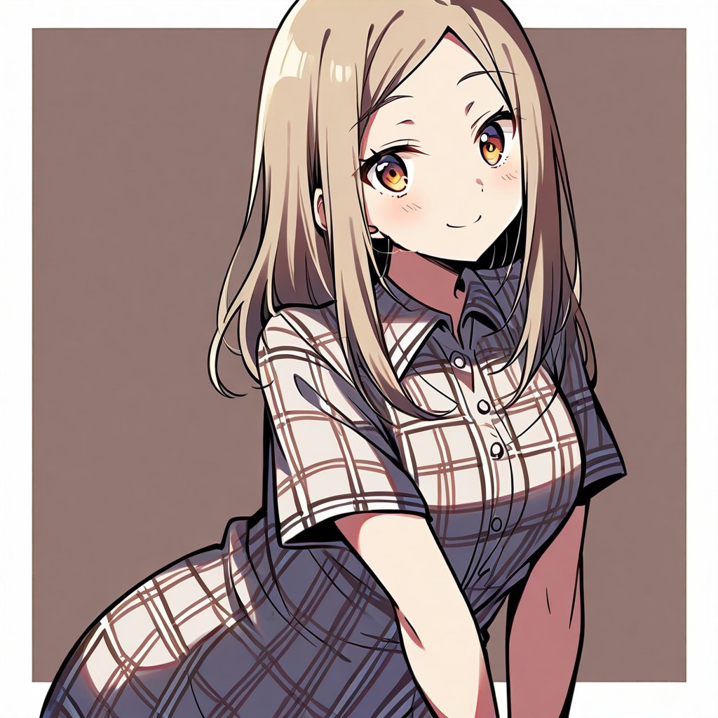 1 girl, 18-year-old, asymmetry-breasts, background:outside, standing Leaning Against a Wall, Arms Crossed, wearing a (Plaid flannel shirt dress), smilling, looking at the viewer.
- **Eyes**: Almond-shaped, light brown with a hint of amber,
  - **Nose**: Small, straight with a slight upturn,
  - **Lips**: Medium, peach with a natural gloss,
  - **Hair**: Shoulder-length, straight, dark blonde,
  - **Skin Tone**: Olive with a warm undertone,
  - **Eyebrows**: Thin, arched,
  - **Cheekbones**: Soft and rounded,
  - **Chin**: Small and pointed,
  - **Ears**: Medium-sized and close to the head,
  - **Expression**: Confident and charismatic.