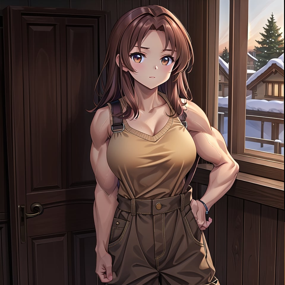 ((1 girl, masterpiece, highly detailed, HD, high quality)),
(Athletic-breasts, Breasts type Athletic, More muscular and less fatty tissue, often wider and firmer),
Wearing (Corduroy overall dress),
Eyes: Oval-shaped, dark brown,
Nose: Small and flat
Lips: Medium, natural pink,
Hair: Long, straight, dark brown,
Skin Tone: Light tan with a warm undertone,
Eyebrows: Thin and gently arched,
Cheekbones: Subtle and rounded,
Chin: Rounded,
Ears: Small and close to the head,
Expression: Kind and gentle,

Background: winter,
Inside house, standing in balcony One Leg Crossed, Arms Folded, looking at viewer.