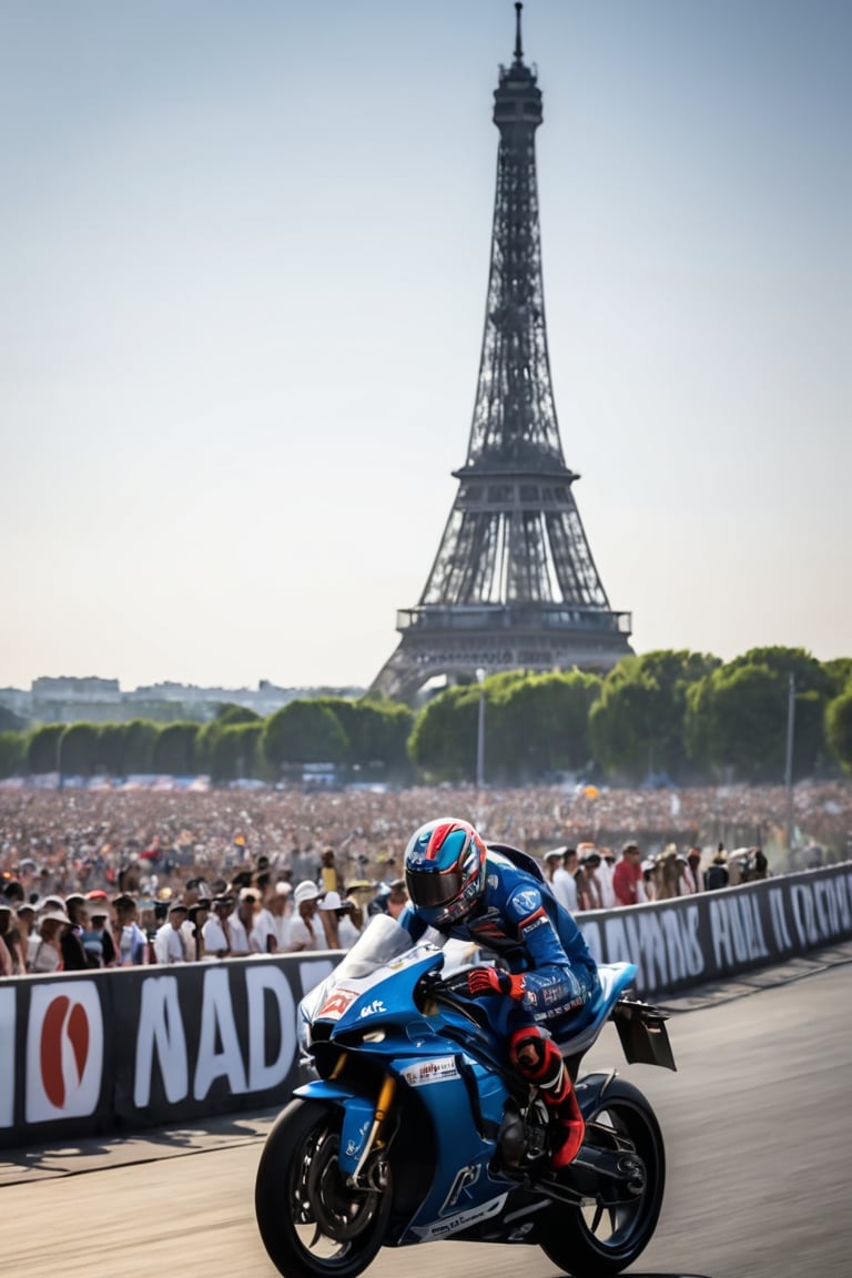 A speeding sensation, helmet held high, atop a sleek racing machine, triumphantly poised amidst frenzied fans spilling onto undulating grandstand tiers. Vibrant racing attire shines like a beacon as the crowd erupts in jubilant cheers. In the distant backdrop, the Eiffel Tower's iconic iron latticework rises majestically, its presence amplified by the electric atmosphere.