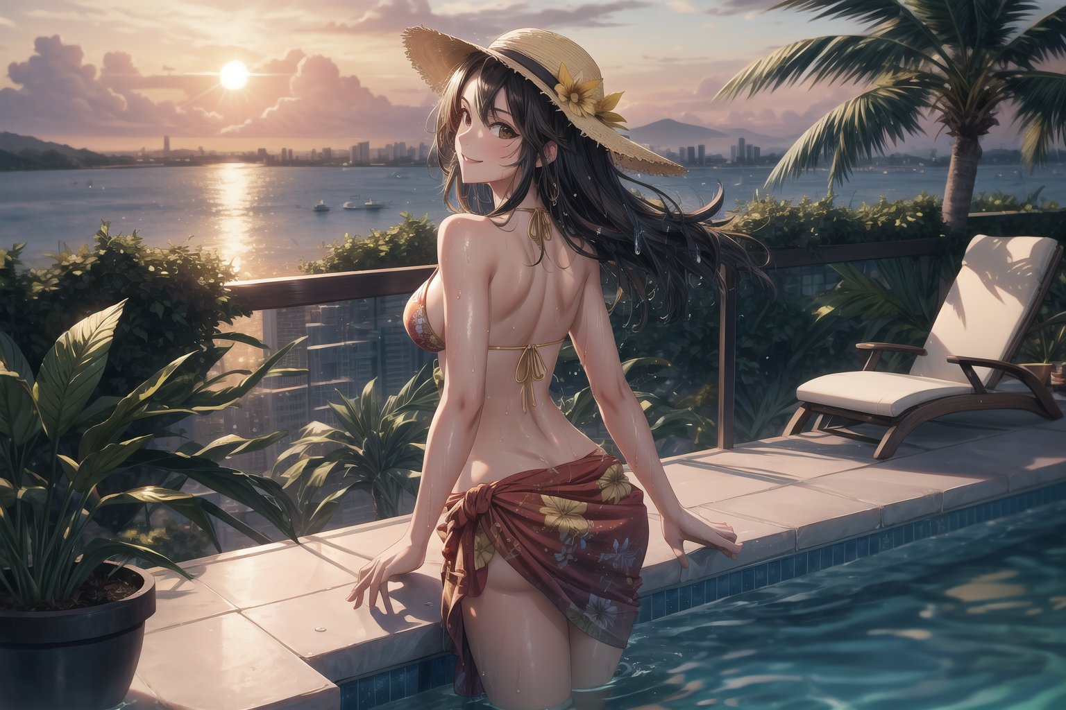 1girl, solo, rooftop_pool, infinity_edge, sunset, golden_hour, wet_skin, droplets, bikini, sarong, sun_hat, sunglasses, cocktail, tropical_flowers, hair_blowing_in_wind, leaning_on_railing, arched_back, toned_body, side_view, cityscape, palm_trees, lounge_chairs, fairy_lights, lens_flare, reflection_in_water, golden_skin, relaxed_smile, dreamy_expression, bokeh, wide_angle_shot